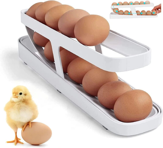 Save Space & Stay Organized – Rolling Egg Dispenser Rack